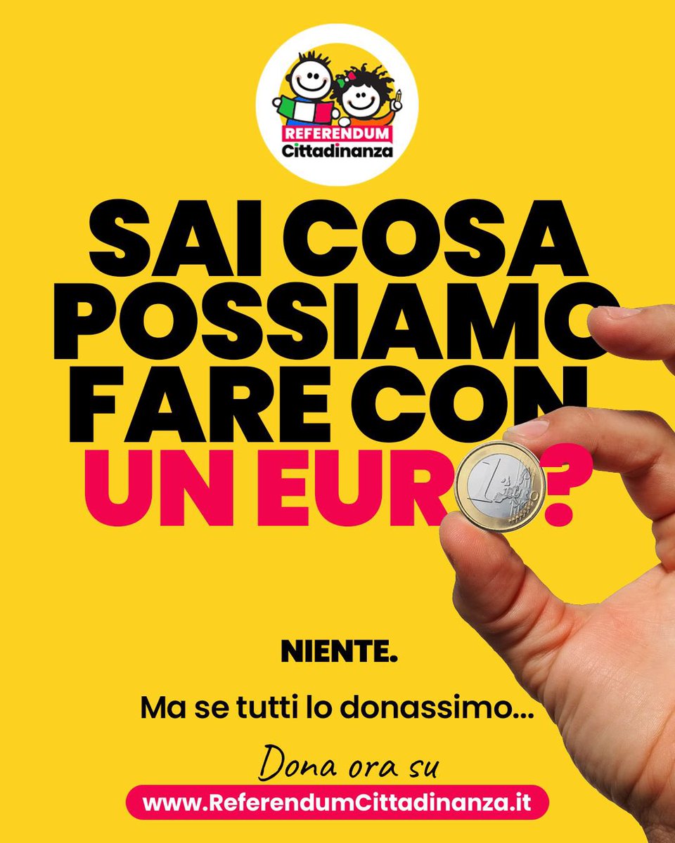 Cosa possiamo fare con un euro? Beh la verità è… NIENTE. 

Ma se tutte e tutti quelli che hanno firmato per il #Referendumcittadinanza donassero almeno questa cifra, potremmo fare la campagna che questo referendum si merita.

DONA SUBITO sul sito referendumcittadinanza.it