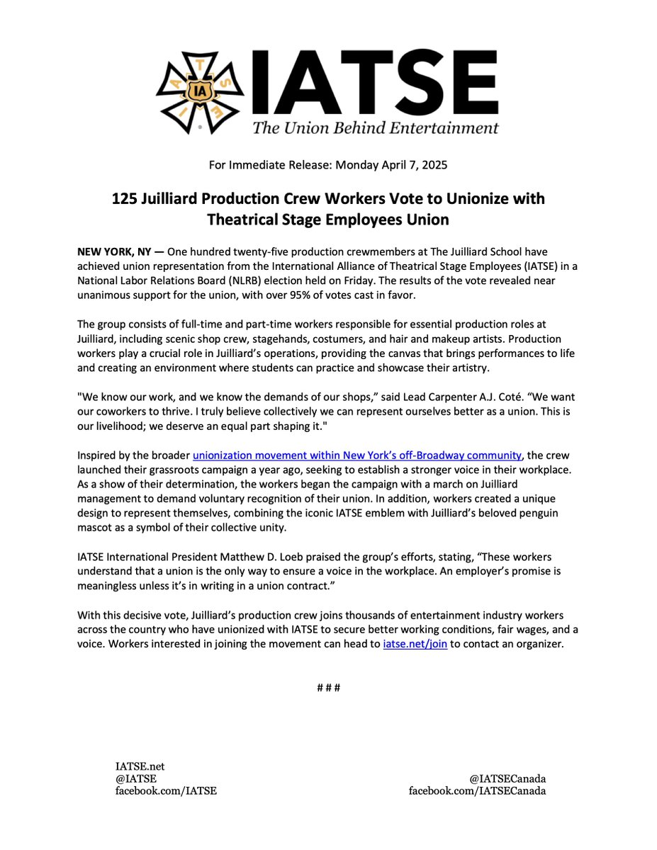 🚨 BREAKING: 125 Juilliard Production crew workers have voted to unionize with IATSE!!