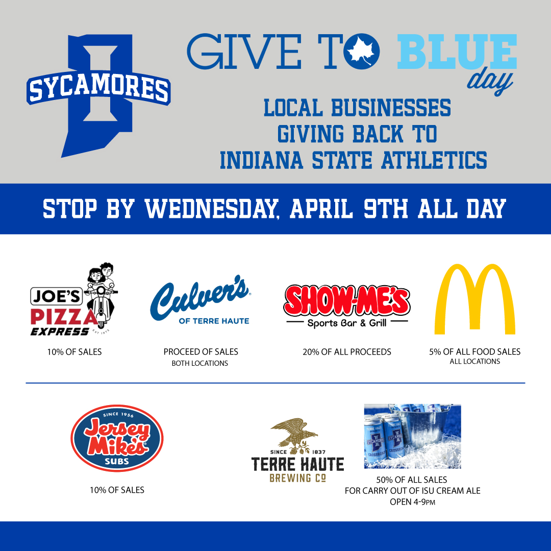 Indiana State Athletics (@indstathletics) on Twitter photo #GiveToBlue25 is coming up on Wednesday.
Make sure to stop by our sponsors on April 9 with portion of all proceeds coming back to <a href="/IndStAthletics/">Indiana State Athletics</a>.
#MarchOn #GiveToBlue25 is coming up on Wednesday.
Make sure to stop by our sponsors on April 9 with portion of all proceeds coming back to <a href="/IndStAthletics/">Indiana State Athletics</a>.
#MarchOn