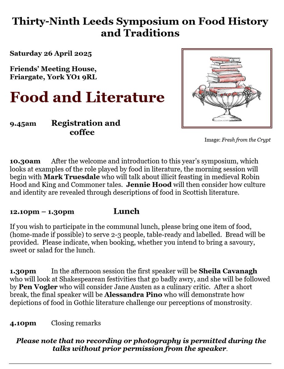 Not long until the Leeds Symposium on Food History &amp; Traditions on 26 April (it's in York, remember!)

Really looking forward to it - an excellent theme with excellent guests.

Book here: eventbrite.co.uk/e/food-and-lit…