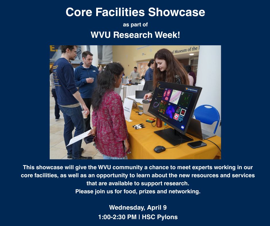 ⭐️⭐️Join our office and Operation Blue Sky as we host the annual Core Facilities Showcase this Wednesday, April 9 in the HSC Pylons as part of WVU Research Week!
👉RSVP at the link: wvuresearchgradedu.wufoo.com/forms/k13uok6d…  🔬🔬🔬 #wvuhealth #wvuhsc #wvuresearch #WVU #wvuresearchweek