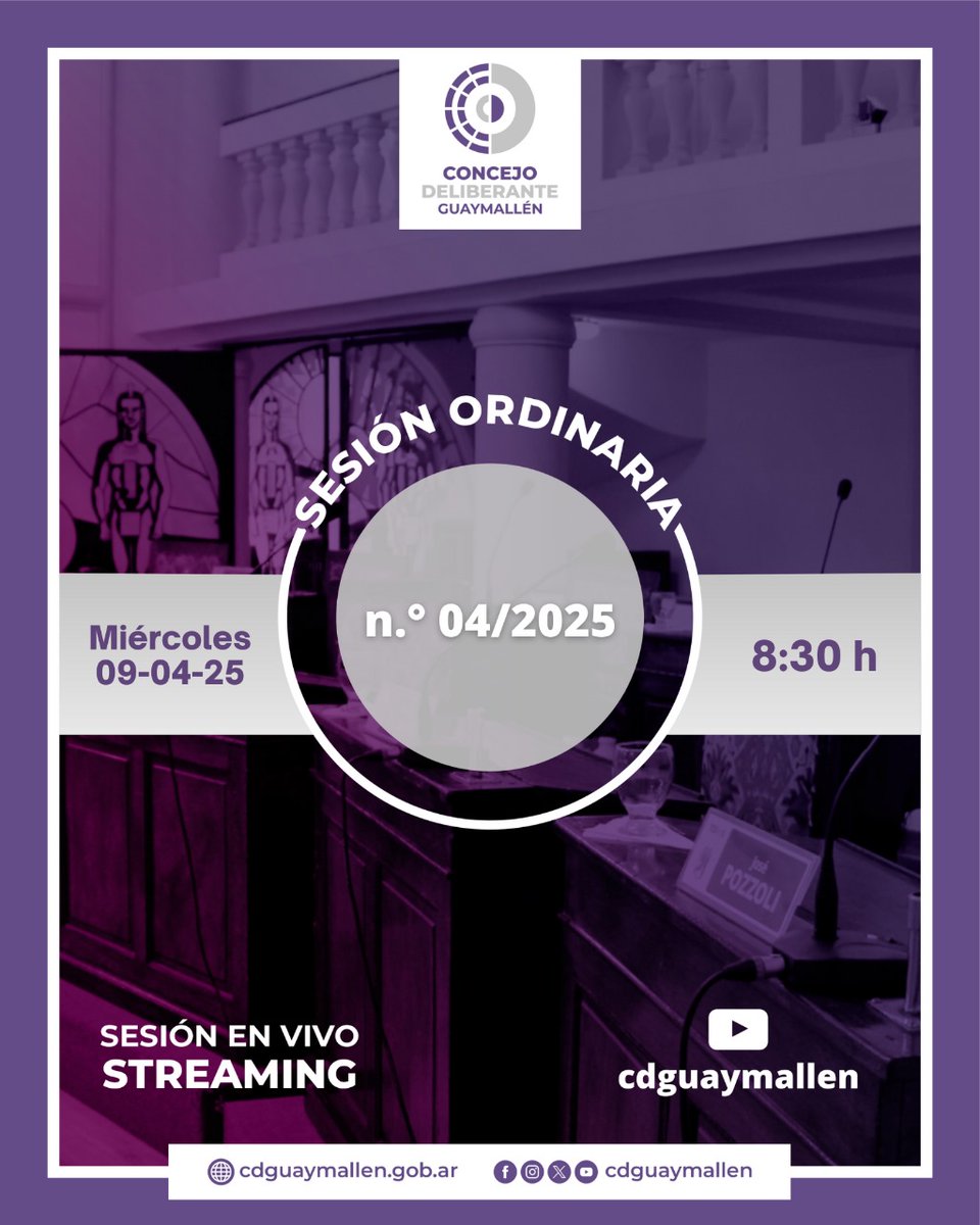 🏛 El miércoles 9 de abril, a las 8:30 h, tendremos la Sesión Ordinaria n.° 04/2025. 

👉 La actividad se desarrollará podrá seguirse en vivo por nuestro canal de YouTube, cdguaymallen.

ℹ️ Posteriormente, la información también estará disponible en 🔗cdguaymallen.gob.ar