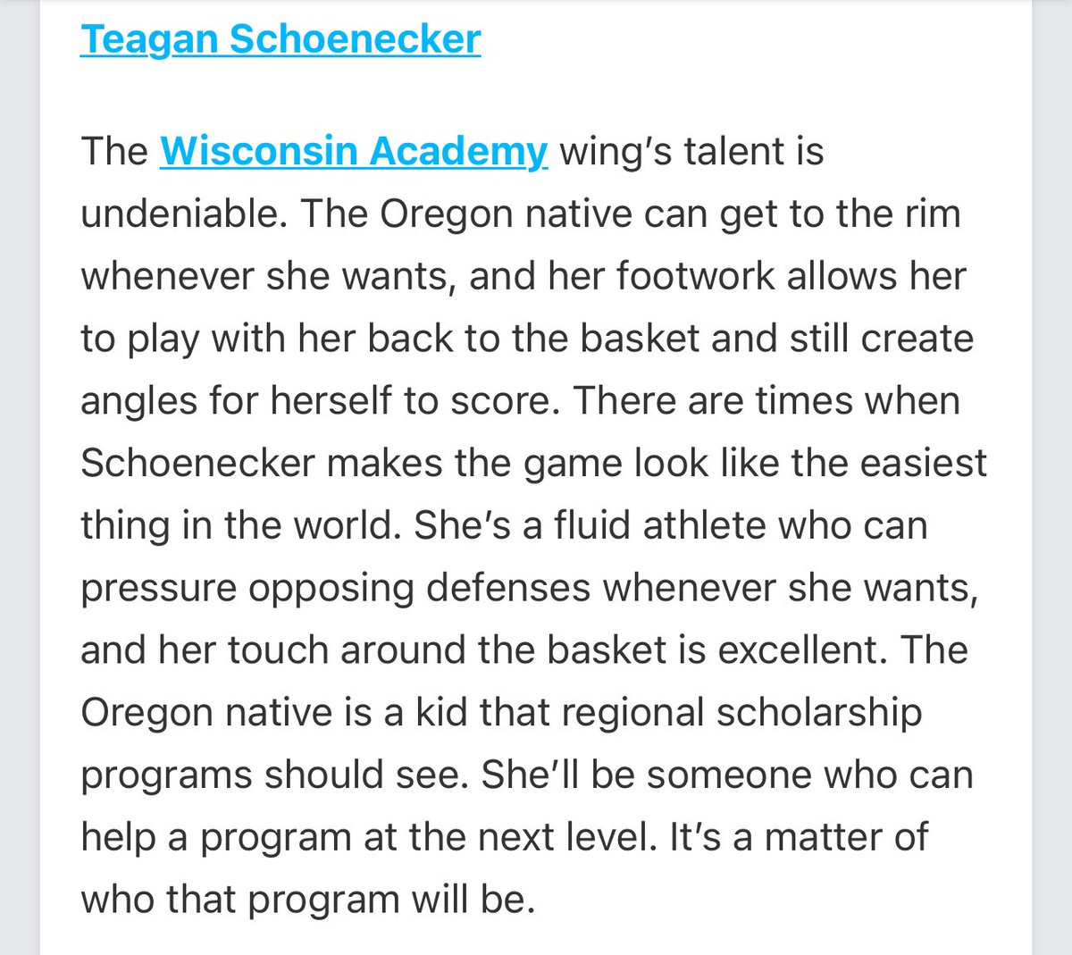 Wisconsin Academy (@wiscoacademy) on Twitter photo 2026 6’1” W Teagan Schoenecker (<a href="/TeaganSchoenec1/">Teagan Schoenecker</a>) was mentioned as one of the Player to Know from this weekend at the <a href="/PGHCircuit/">Prep Girls Hoops Circuit 🏀</a> Victory Region Kickoff!
Teagan had a strong weekend for WA putting up double doubles in every game!
S/O to <a href="/BradyJ_Peterson/">Brady Peterson🇵🇷</a> for coverage!
#WABFam 2026 6’1” W Teagan Schoenecker (<a href="/TeaganSchoenec1/">Teagan Schoenecker</a>) was mentioned as one of the Player to Know from this weekend at the <a href="/PGHCircuit/">Prep Girls Hoops Circuit 🏀</a> Victory Region Kickoff!
Teagan had a strong weekend for WA putting up double doubles in every game!
S/O to <a href="/BradyJ_Peterson/">Brady Peterson🇵🇷</a> for coverage!
#WABFam