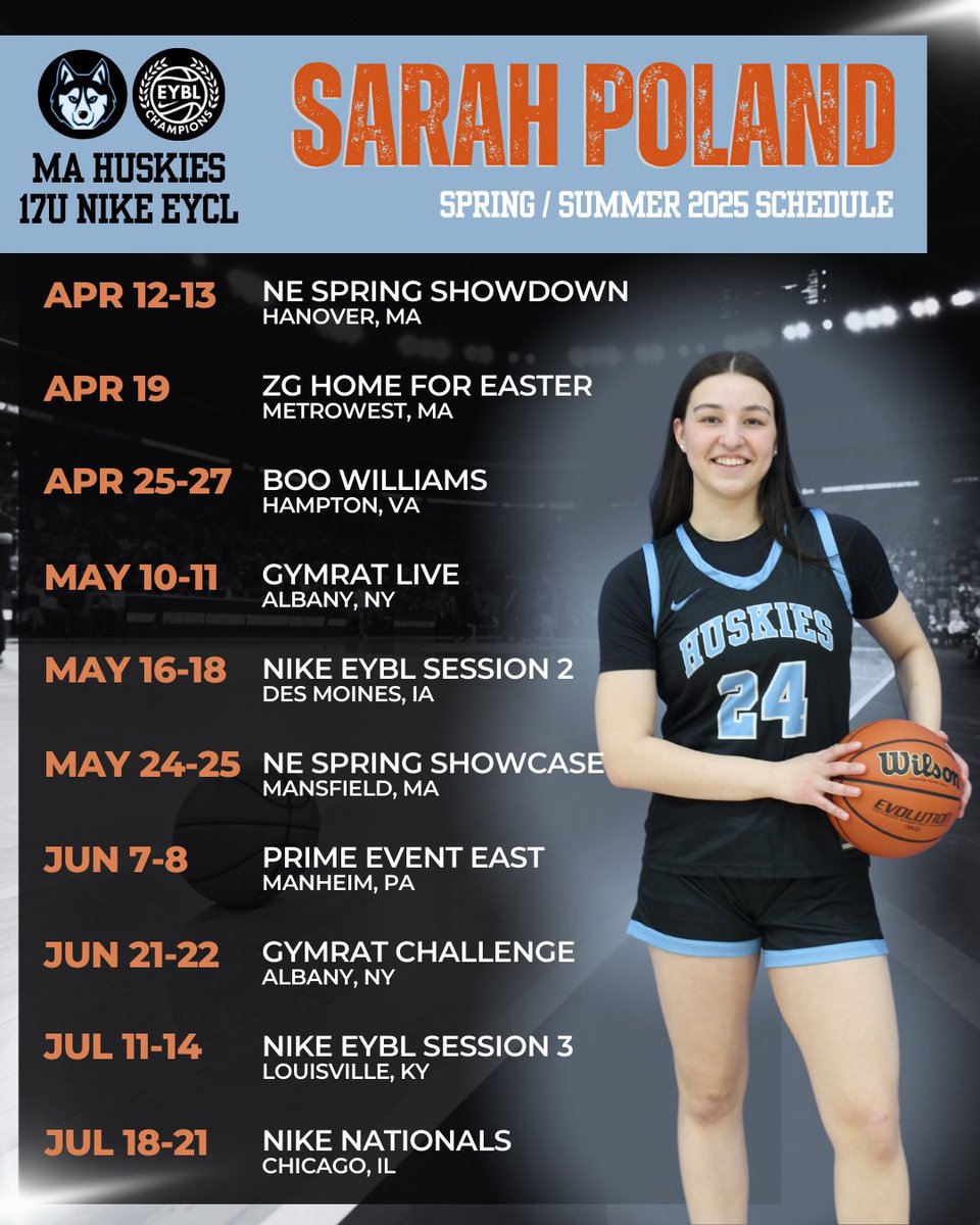 Sarah Poland (@spoland2026) on Twitter photo Here is my Spring/Summer AAU schedule‼️ Excited to play with my 17U MA Huskies team‼️ <a href="/MAHuskies/">MA_Huskies</a> <a href="/nikegirlseycl/">Nike Girls EYBL Champions League</a> <a href="/Theyoungcoachk/">Kenny Small Jr.</a> Here is my Spring/Summer AAU schedule‼️ Excited to play with my 17U MA Huskies team‼️ <a href="/MAHuskies/">MA_Huskies</a> <a href="/nikegirlseycl/">Nike Girls EYBL Champions League</a> <a href="/Theyoungcoachk/">Kenny Small Jr.</a>