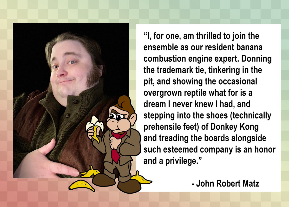SuperSmashOpera's tweet image. Our upcoming @VGMCon show, #AriaKart is not complete without our "Top Banana" character, "Donkey Kong." In a role originated by mallet mashing @DrumUltimA, we are delighted to have distinguished performer (and Baron of all that is Brass) @JohnRobertMatz!
#VGMcon #opera #musical