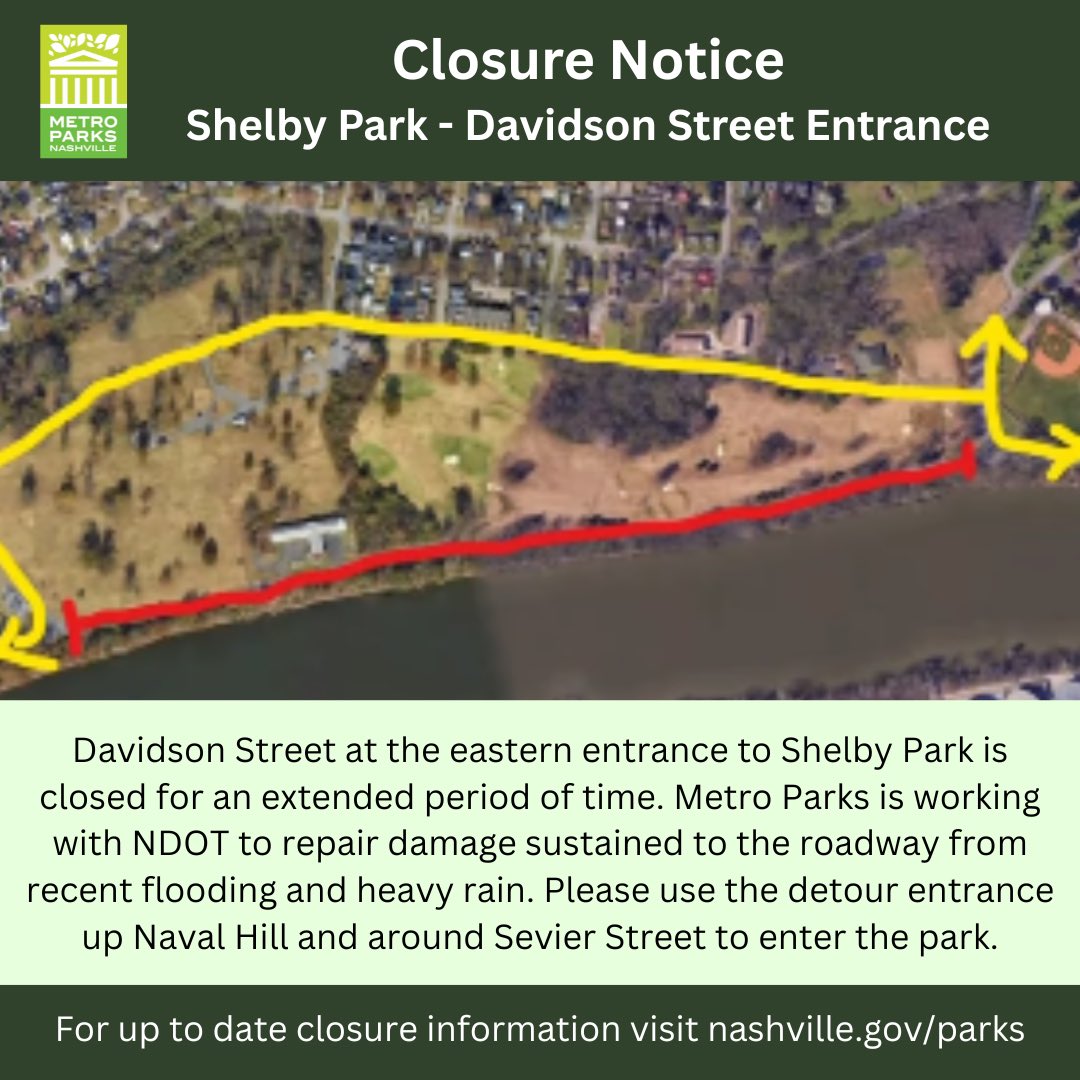 Davidson Street at the eastern entrance to Shelby Park is closed for an extended period of time. Please use the detour entrance up Naval Hill and around Sevier Street to enter the park.