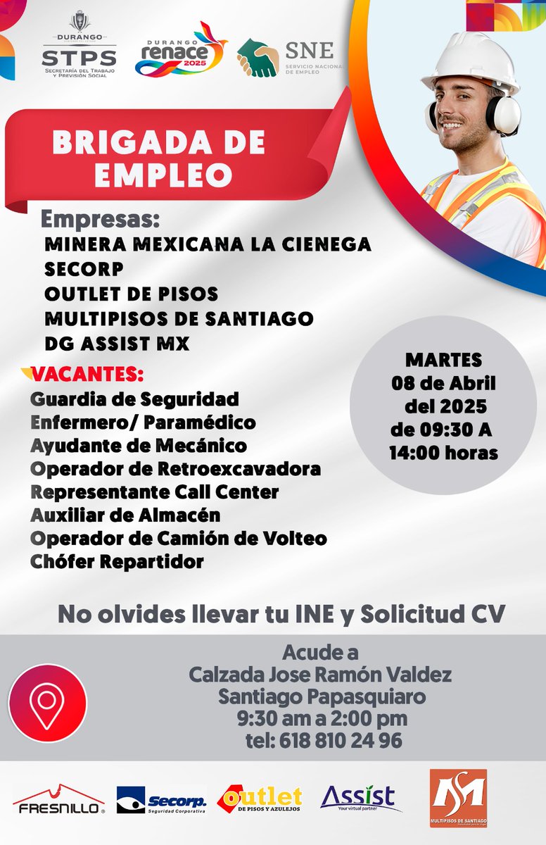 ¡Atención Santiago Papasquiaro! Este 8 de abril , te esperamos con tu INE y solicitud CV . Muy buenas oportunidades laborales