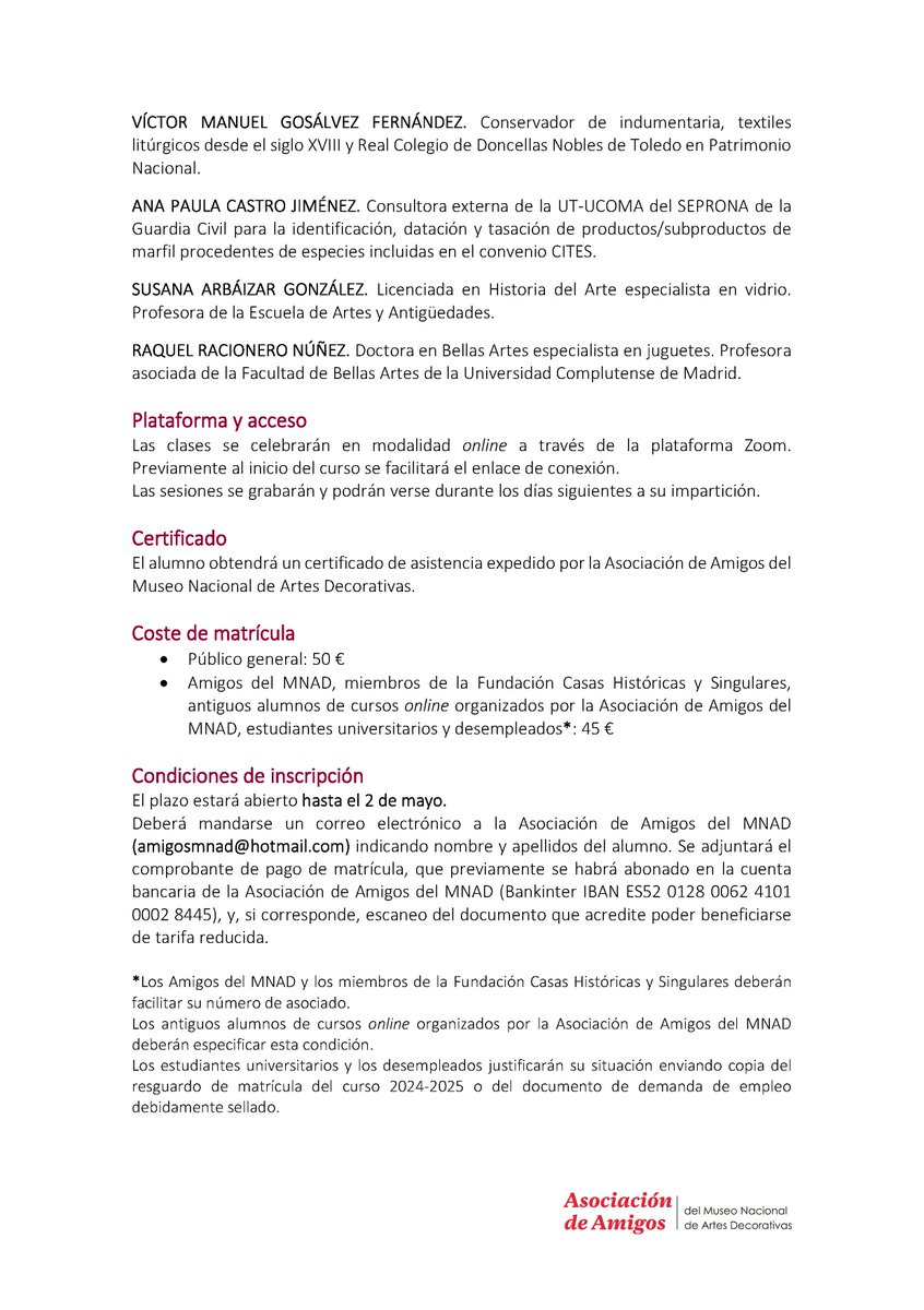 📢Curso online "Introducción a las técnicas de las artes decorativas. 2ª parte"
📅6 mayo-3 junio 2025
📍Organiza: Asociación de Amigos del Museo Nacional de Artes Decorativas