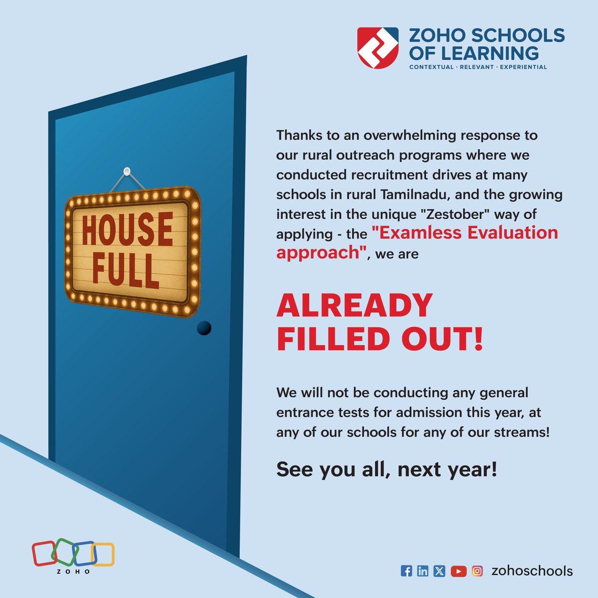 Zoho Schools of Learning (@zohoschools) on Twitter photo 📢 We are ALREADY FILLED OUT!
Thanks to the overwhelming response to our rural outreach + the growing love for Zestober and our examless way of applying, <a href="/ZohoSchools/">Zoho Schools of Learning</a> won’t be conducting general entrance tests this year.
Admissions reopen in Oct 2025.
Thanks for understanding! 📢 We are ALREADY FILLED OUT!
Thanks to the overwhelming response to our rural outreach + the growing love for Zestober and our examless way of applying, <a href="/ZohoSchools/">Zoho Schools of Learning</a> won’t be conducting general entrance tests this year.
Admissions reopen in Oct 2025.
Thanks for understanding!