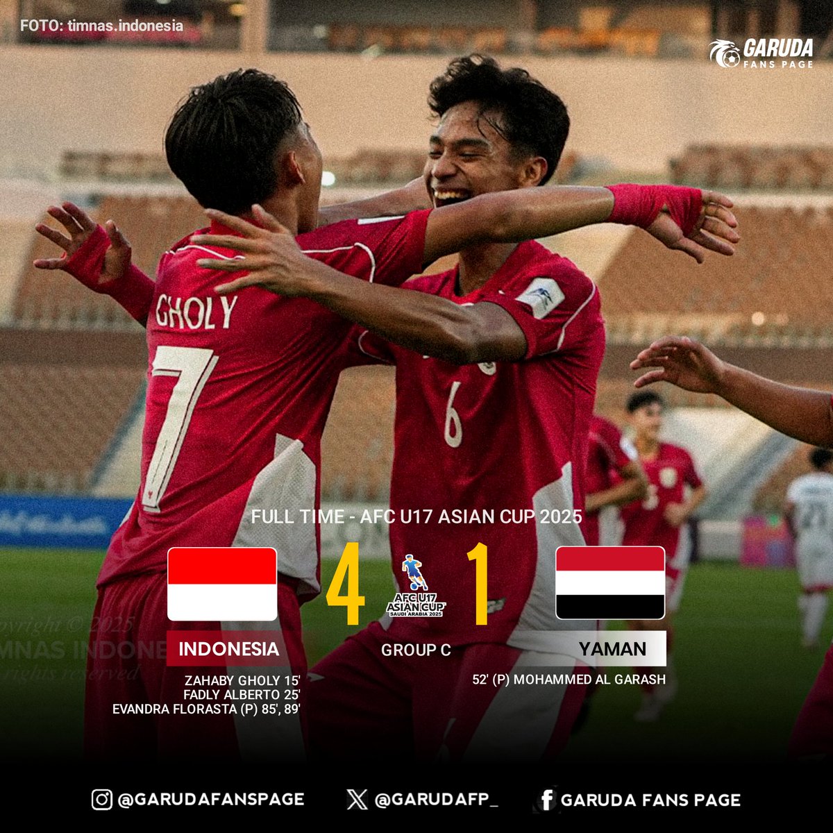 AFC U17 ASIAN CUP 2025 🇸🇦

Group C
FT: Indonesia U17 🇮🇩 4-1 🇾🇪 Yaman U17

LOLOS! Indonesia U17 🇮🇩 mengunci tiket ke 8 besar AFC U17 dan sekaligus mendapatkan tiket ke Piala Dunia U17 2025 Qatar 🇶🇦 

Selamat Garuda Muda 🔥

#timnas #TimnasDay