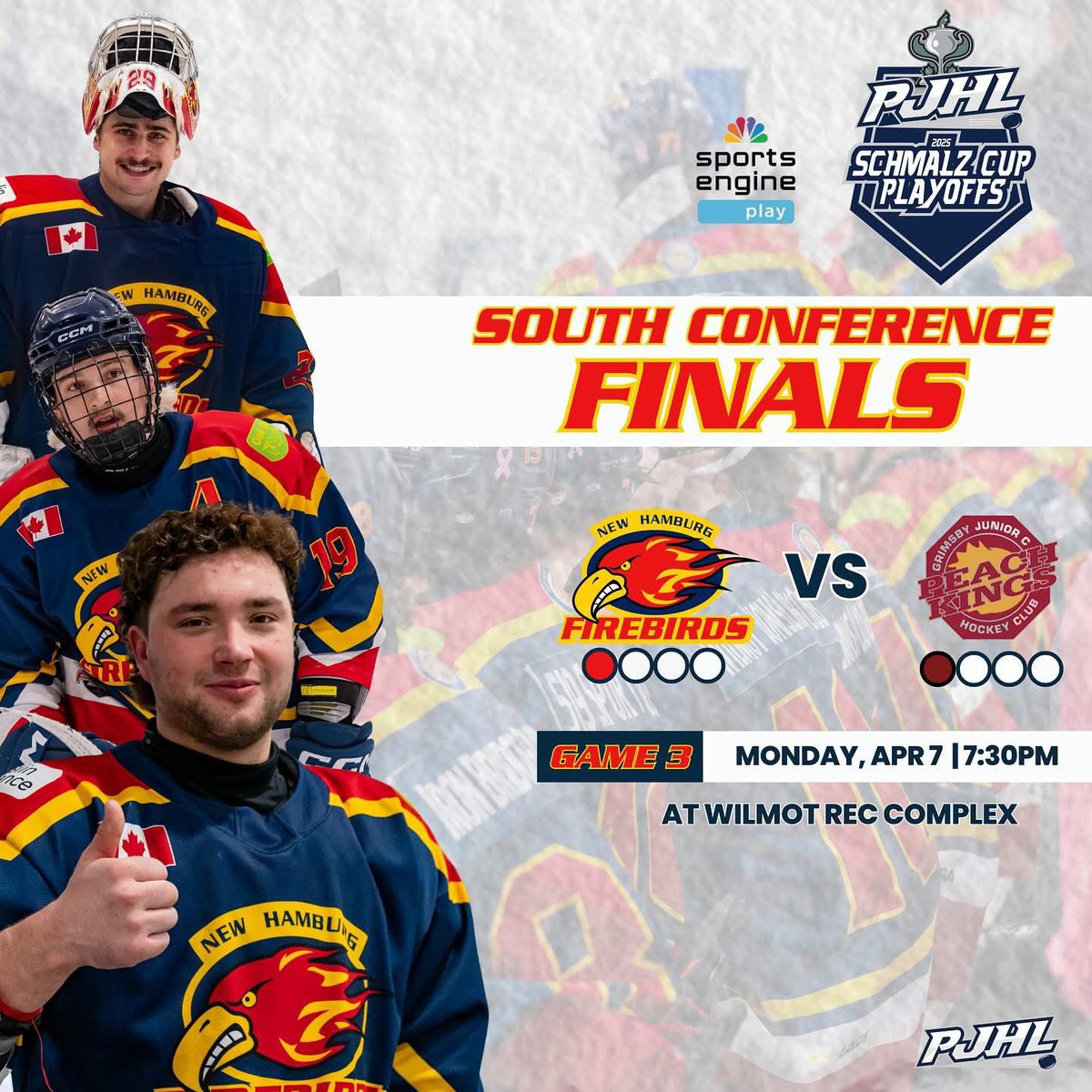 GAME 3

Your Firebirds are tied 1-1 in the South Conference Finals against Grimsby. Your Firebirds look to get back into the W column, with a game at home tonight. Time to pack the Nest🔥🐥

📅April 7, 2025
📍Wilmot Rec Complex
⏰️ 7:30 PM Puck Drop

See you all tonight!