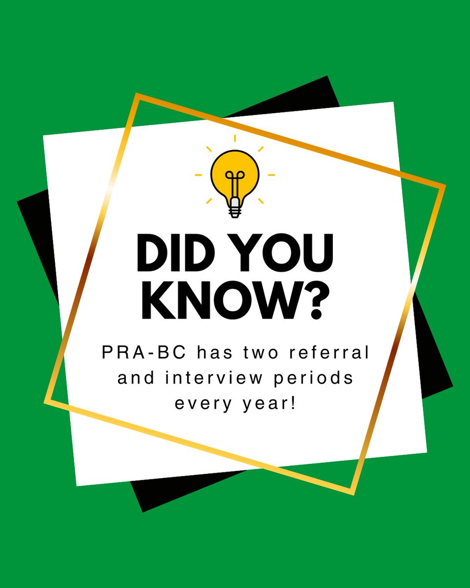 PRA-BC has two referral and interview periods each year, offering two chances for selection into our program! The current interview period is ongoing, but new applications are accepted year-round. Apply soon for the next period in October 2025! 
prabc.ca