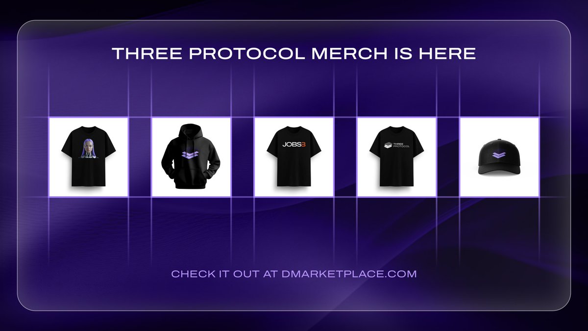 Rep your favorite protocol in style!

Exclusive $THREE merchandise is now live on <a href="/dMarketplaceAI/">dMarketplace</a>!

Show the world you support the future of AI, Web3 &amp; eCommerce with these minimalist designs, soft fabrics &amp; official logos from Three Protocol, <a href="/Jobs3AI/">Jobs3 AI</a> &amp; <a href="/TrianaAgent/">Triana Agent AI</a>!

Limited