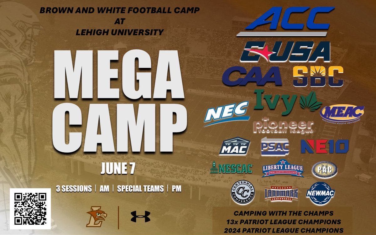 🚨🚨Two Months from today we will Level Up with our second annual Mega Camp! Sessions are filling up fast! This camp will sell out! Don't miss your chance to learn and grow this summer with 100+ college coaches, and the 2024 Patriot League Champs!
🔗:brownandwhitefootballcamp.com/level-up-mega-…