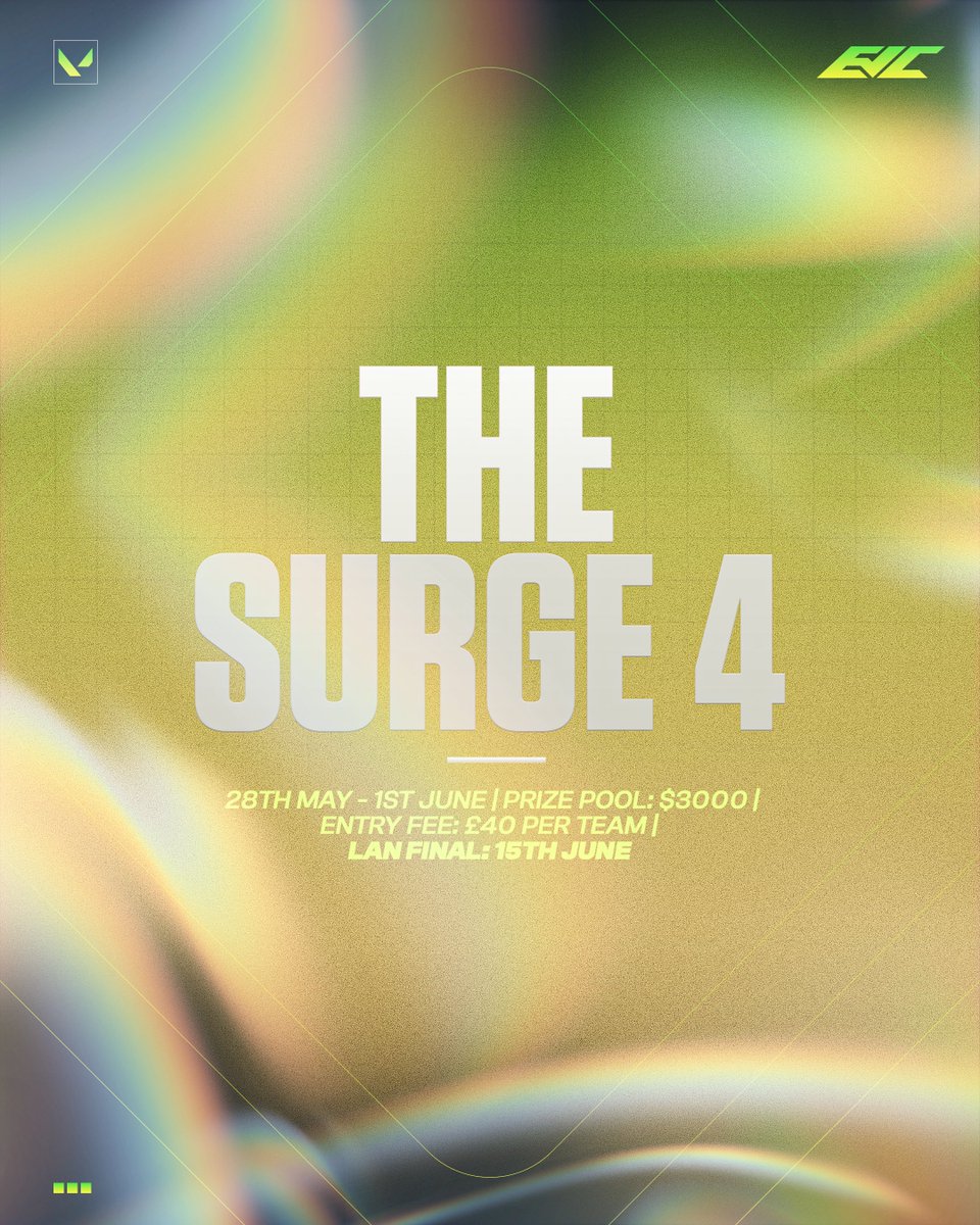 Bigger stakes, no room for mistakes.

Official announcement of Surge #4:

- Online: May 28th – June 1st
- LAN Finals: June 15th
- $3000 Prize Pool 

Up for the test? Join the best:

discord.gg/evctournaments