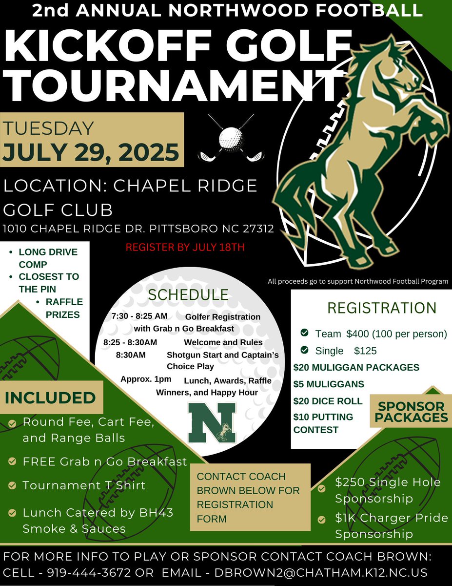 2nd Annual Northwood Football Golf Tournament! 

Reach out to Coach Brown for details or send a DM!
