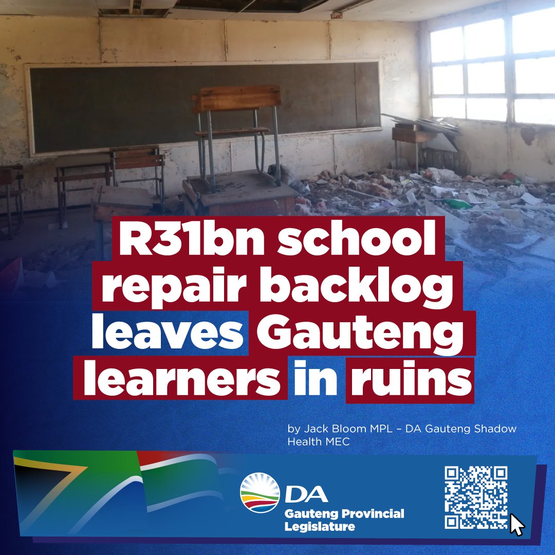 🏫 R31.1 Billion Backlog Leaves Gauteng Learners in Crumbling Classrooms
Our schools are falling apart while MEC Chiloane and Premier Lesufi look the other way.
#DA_GPL #FixOurSchools #EducationMatters <a href="/WatersMichael67/">Michael Waters</a>

Read more: ow.ly/AVMW50VvBnQ
