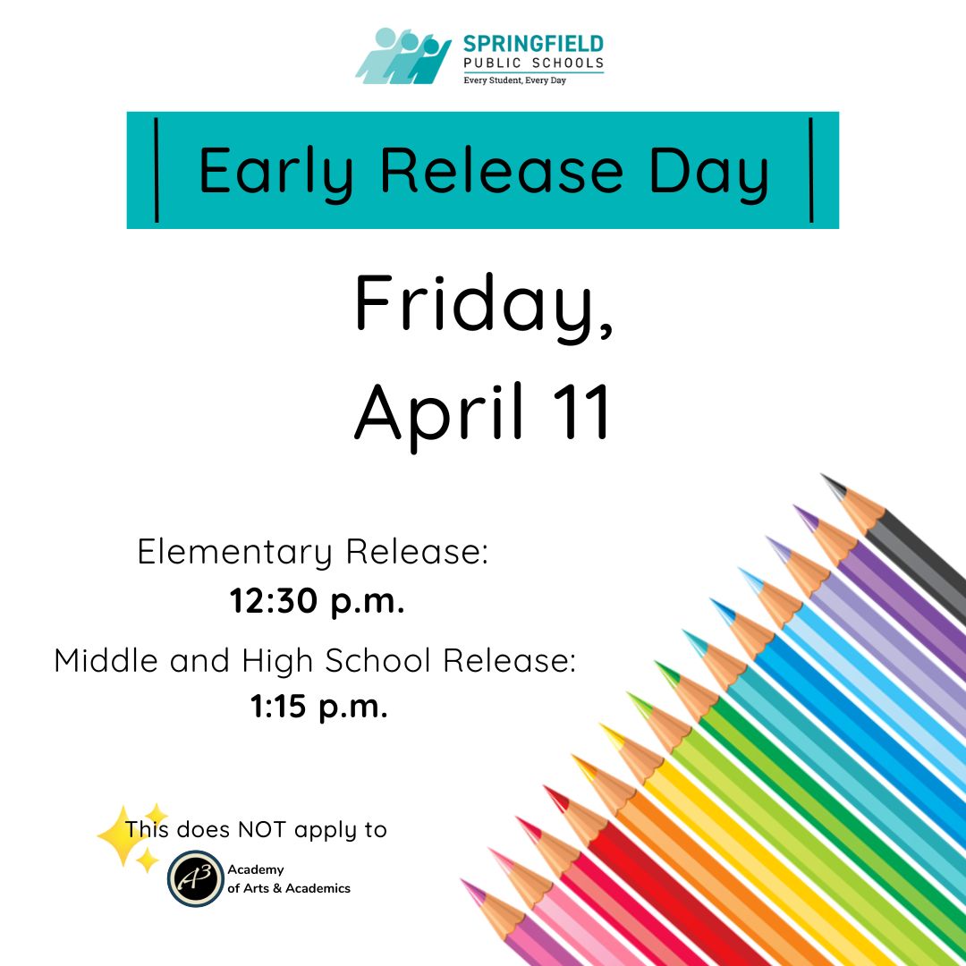 SpringfieldPS's tweet image. SPS families: This Friday, April 11, is an early release day for all students.

 *This does not apply to A3 Academy of Arts &amp;amp; Academics, which has its own calendar. 

SPS academic calendar: springfield.k12.or.us/families/acade…… 

#WeAreSPS