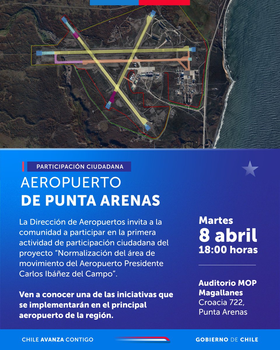 #ParticipaciónCiudadana

👩‍👩‍👧‍👦Se invita a la comunidad a participar de una instancia de participación ciudadana del proyecto “Normalización Aeropuerto Carlos Ibáñez del Campo de la Región de Magallanes y de la Antártica Chilena”.

✈Las y los esperamos para abordar las futuras obras