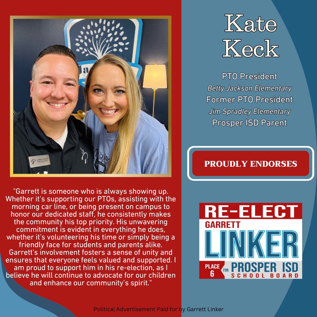🚨 NEW ENDORSEMENT!

I'm excited to share the endorsement of my friend, Kate Keck. Kate currently serves as the PTO President at Betty Jackson Elementary. Prior to serving at Jackson, she also served as PTO President at Spradley Elementary. Kate is always looking at ways to