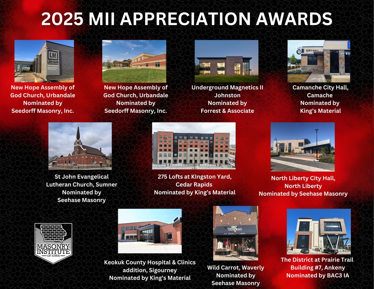 Congratulations to theses 10 projects for receiving a MII appreciation award at last week's annual meeting. These projects were nominated by MII members and showcases masonry from across the state.