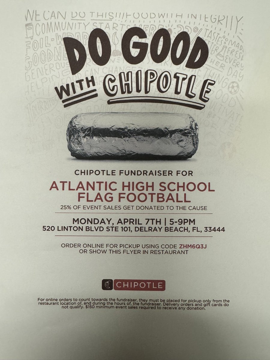 Stop by Chipotle Linton tonight and say Atlantic Flag Football at checkout or online code is: ZHM6Q3J thank you 🙏🏽💚👏🏽🦅💪🏽🏈