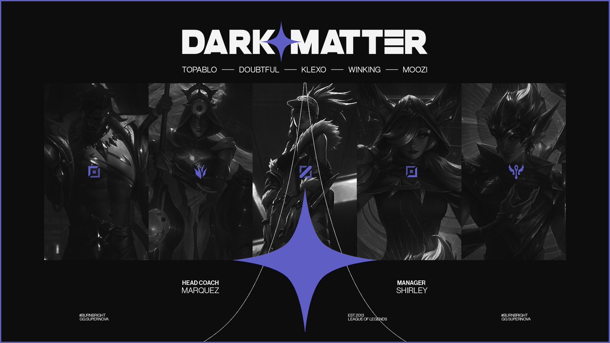 From the darkness, they emerge.

🌒<a href="/Topablo0/">TOPA</a> 
🌒<a href="/DoubtfulLoL/">Paul Shim</a> 
🌒<a href="/KlexoLoL/">Aaron</a> 
🌒<a href="/WinkingLOL/">Winking</a> 
🌒<a href="/Moozi_lol/">Moozi</a>

🧠<a href="/marquez13/">marquez speller</a>
📔<a href="/shirley_1224/">shirley 🐱🌸</a>

#BurnBright💫| #SNWIN | #ACL