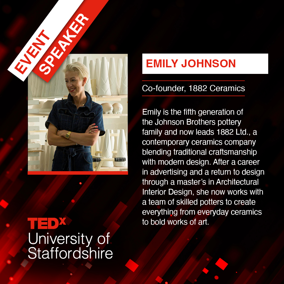 We’re excited to welcome Emily Johnson - co-founder of 1882 Ltd. and a visionary in contemporary ceramics - to the TEDx University of Staffordshire stage!

Tickets will be released in April! See the full speaker line-up: 
bit.ly/4j4bO0i