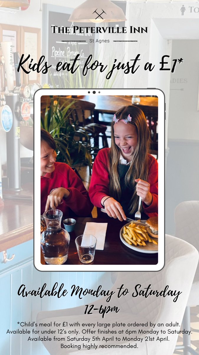 Don’t for get kids can eat for just £1 over the Easter holidays!

Available Monday to Saturday 12-6pm.

Call us or pop to our website to book…

thepetervilleinn.co.uk

#cornwall #stagnes
