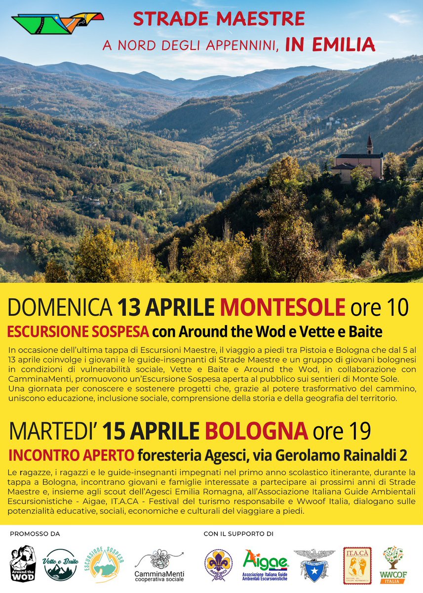 📒🔭Strade Maestre arriva in #Emilia per camminare e tracciare insieme #cammini educativi e inclusivi. Una giornata per sostenere progetti che, attraverso il #potere trasformativo del #cammino 🌄🌲 info per iscriversi &gt; vetteebaite.it/shop/escursion… <a href="/CAI150/">Club Alpino Italiano</a> <a href="/AitrItalia/">A.I.T.R.</a> <a href="/turismoER/">inEmiliaRomagna</a>