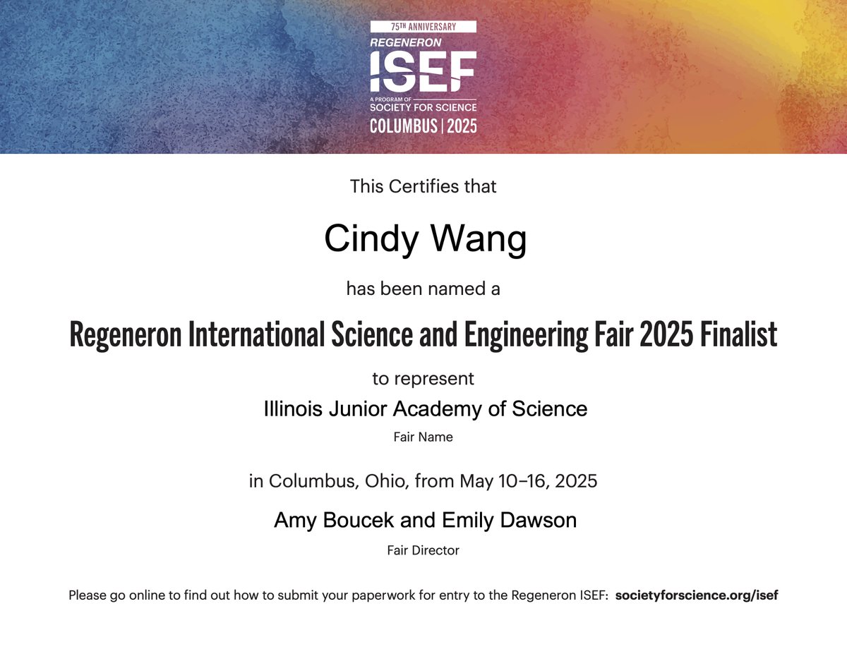 Congratulations to BHS's Cindy Wang on qualifying for the Regeneron International Science and Engineering Fair! We wish you the best of luck!