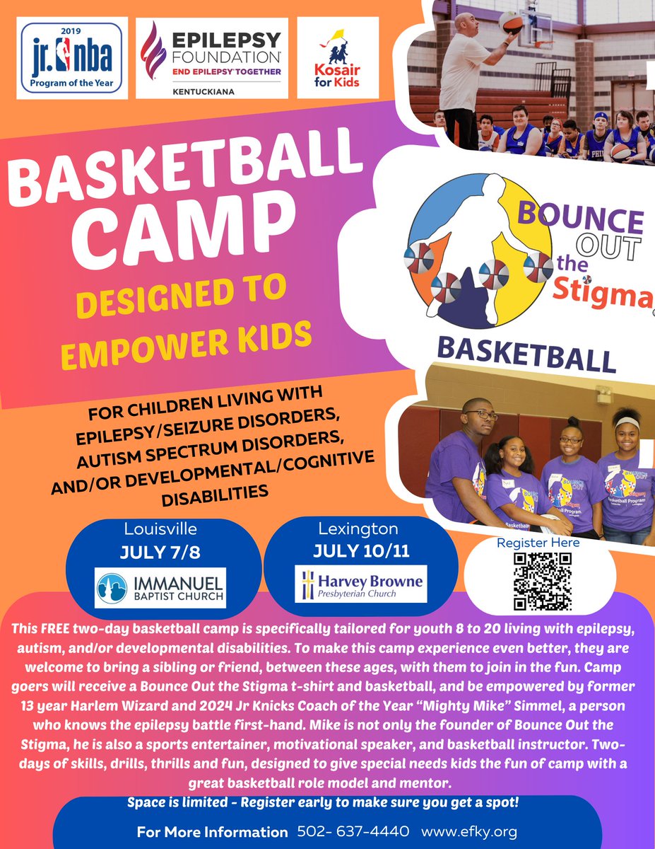 We are so excited to offer this incredible opportunity again with "Mighty Mike" Mike Simmel! If you or someone you know is looking for a fun camp this summer, look no further! Inclusion Rocks! 
#efkentuckiana #bounceoutthestigma #epilepsyawareness #autismawareness