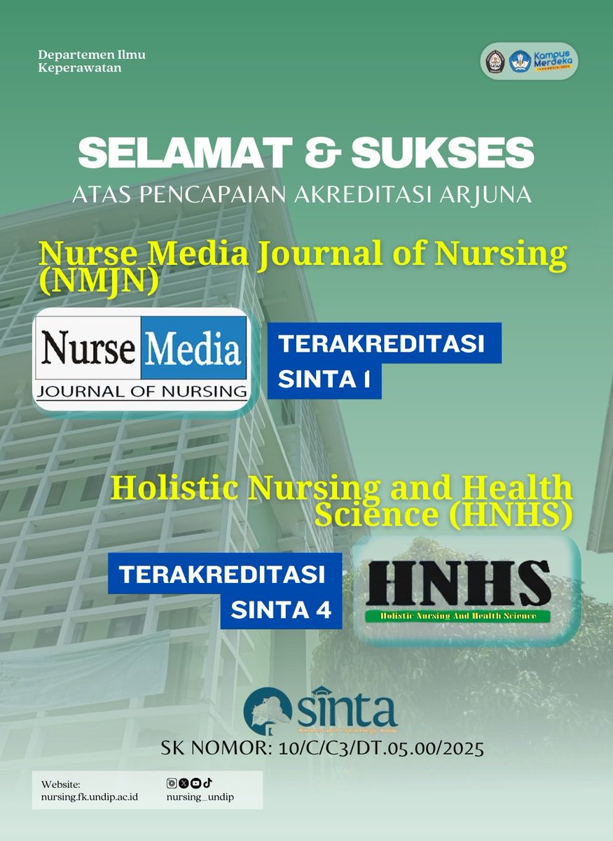 nursing_undip's tweet photo. 💡SELAMAT DAN SUKSES💡
Atas capaian membanggakan pada akreditasi ARJUNA 2025:
💎 Nurse Media Journal of Nursing (NMJN) – Peringkat SINTA 1
💎 Holistic Nursing and Health Science (HNHS) – Peringkat SINTA 4

#NMJN #HNHS #SINTA #KeperawatanUndip #UniversitasDiponegoro #JurnalIlmiah https://t.co/o6a50iLJqO
