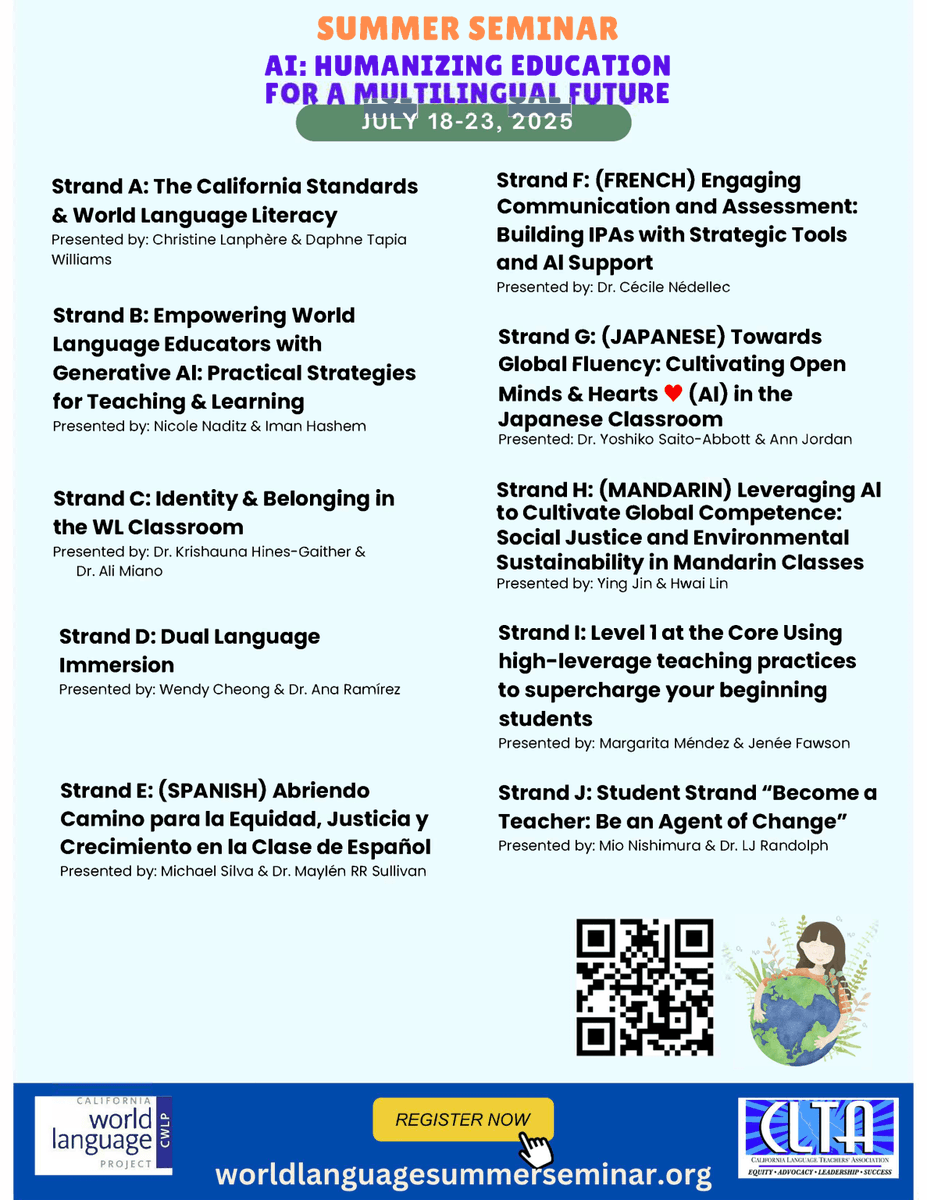 CLTAtweets's tweet photo. WLSUMSEM is just a few months  away! Collaborate with other WL educators to  elevate your teaching and gain wonderful insights. For more information &amp; to register, go to https://t.co/bZCK3XuT7x. See you there! https://t.co/tV2wRvp3qI