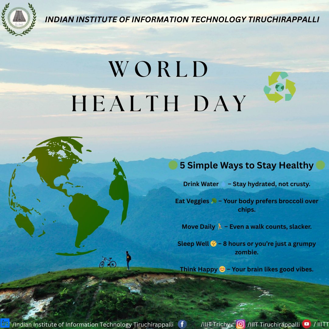 🌟 Embracing a healthier tomorrow, today! 🌎
On World Health Day, IIIT Tiruchirappalli reaffirms its commitment to promoting well-being and health among its community members. 🌈 Let's prioritize self-care, mental wellness, and for a healthier future. 
#WorldHealthDay #IIITTrichy
