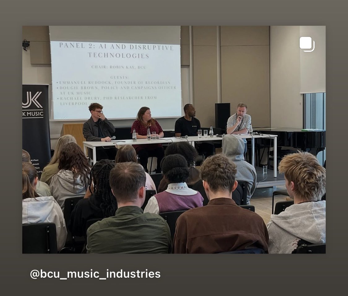Great to be at <a href="/BcuMusic/">BCU Music Business</a> today for a fantastic panel on AI with <a href="/UK_Music/">UK Music</a> 

Thanks for having me!