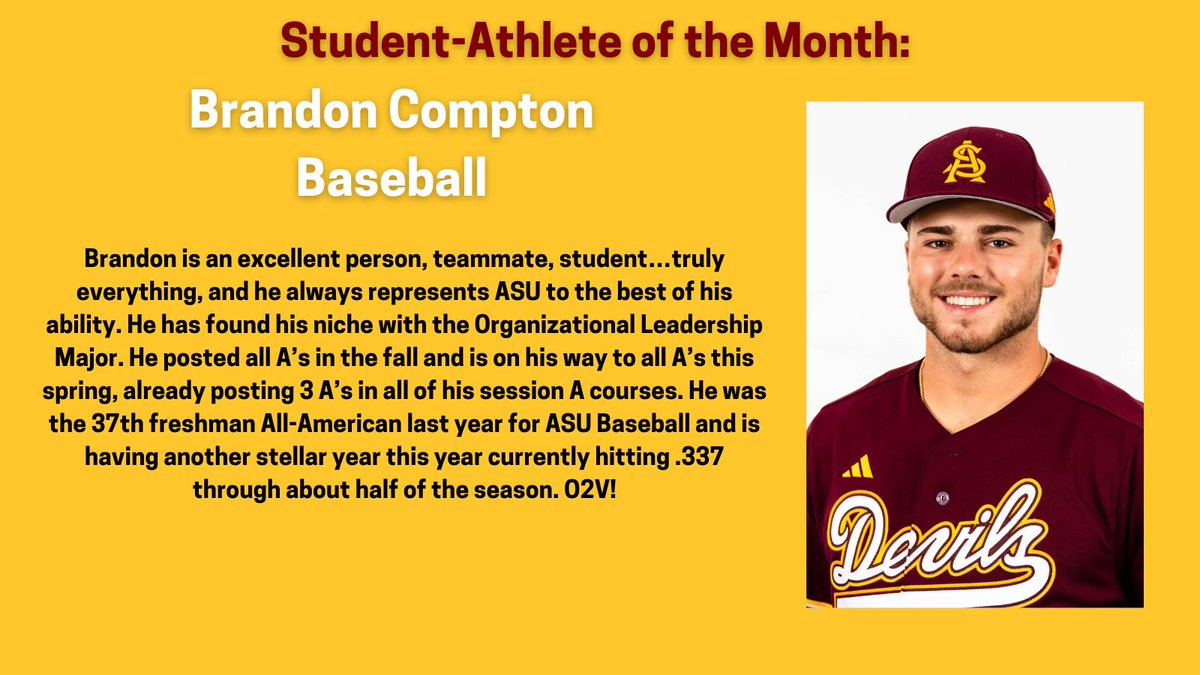 Sun Devil OSAD (@sundevil_osad) on Twitter photo The next student we'd like to highlight is Brandon Compton from <a href="/ASU_Baseball/">Sun Devil Baseball</a>, our High Achieving Male Student-Athlete of the Month! Brandon has gone above and beyond in his studies this month and we are so proud. Congrats!! <a href="/TheSunDevils/">Arizona State Sun Devils</a> #O2V! The next student we'd like to highlight is Brandon Compton from <a href="/ASU_Baseball/">Sun Devil Baseball</a>, our High Achieving Male Student-Athlete of the Month! Brandon has gone above and beyond in his studies this month and we are so proud. Congrats!! <a href="/TheSunDevils/">Arizona State Sun Devils</a> #O2V!