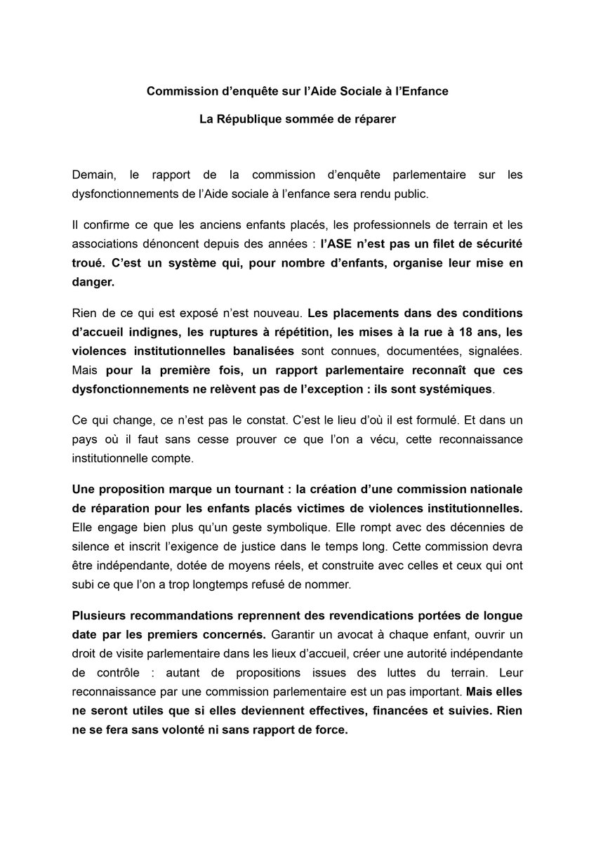 LyesLouffok's tweet photo. Demain, la commission d’enquête sur la protection de l’enfance publiera son rapport. Elle confirme ce que les anciens enfants placés dénoncent depuis des années : l’ASE n’est pas un filet de sécurité troué, mais un système qui, pour nombre d’enfants, organise leur mise en danger. https://t.co/QtOy9CKhKW