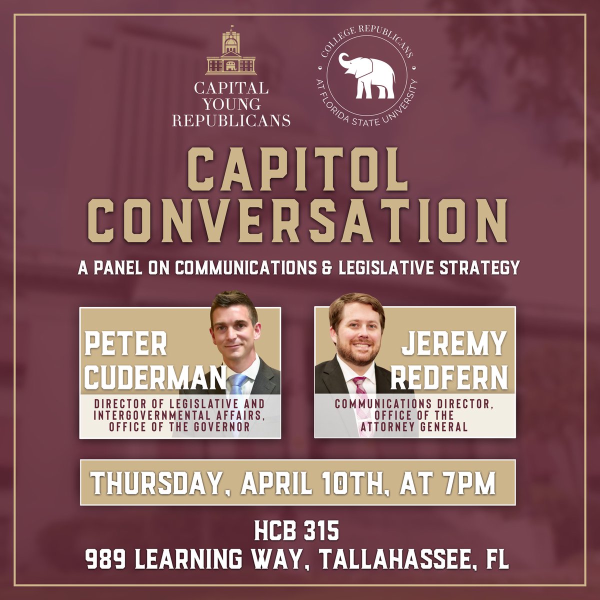 Capital Young Republicans (@capitalyrs) on Twitter photo Join us Thursday, April 10th at 7PM for a deep dive into communications & legislative strategy with:
<a href="/JeremyRedfernFL/">Jeremy Redfern</a>, Communications Director, <a href="/AGJamesUthmeier/">Attorney General James Uthmeier</a>
<a href="/Cuderman/">Peter Cuderman</a>, Director of Legislative Affairs, <a href="/GovRonDeSantis/">Ron DeSantis</a>
Free to attend but space is limited—RSVP here: Join us Thursday, April 10th at 7PM for a deep dive into communications & legislative strategy with:
<a href="/JeremyRedfernFL/">Jeremy Redfern</a>, Communications Director, <a href="/AGJamesUthmeier/">Attorney General James Uthmeier</a>
<a href="/Cuderman/">Peter Cuderman</a>, Director of Legislative Affairs, <a href="/GovRonDeSantis/">Ron DeSantis</a>
Free to attend but space is limited—RSVP here: