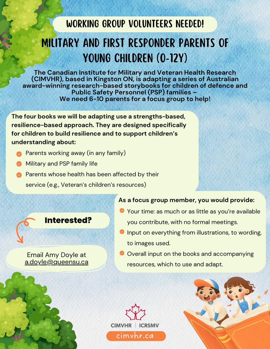 Military and First Responder Parents of Young Children - We Want to Hear From You

CIMVHR is adapting a series of award-winning Australian research-based storybooks to support Canadian children ages 0 to 12 in defence and public safety families.
We are looking for 6 to 10 parents
