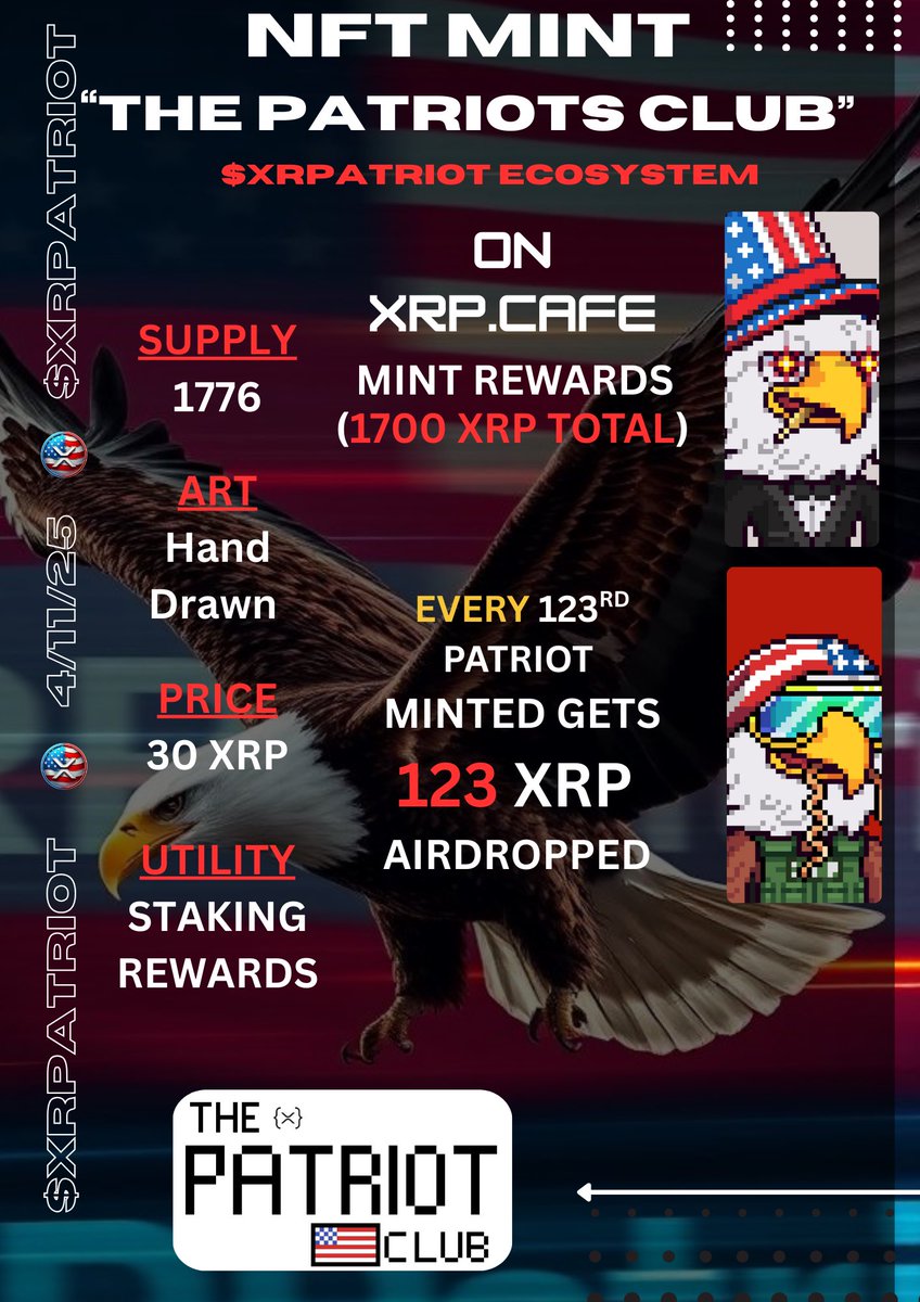 ⚠️ NFT MINT ⚠️

Friday 4-11-25

5:00 pm eastern

🚨Every 123rd Patriot NFT gets 123 XRP airdropped!🚨

✅ Total Prizes: 1700+ XRP

xrp.cafe/collection/the…