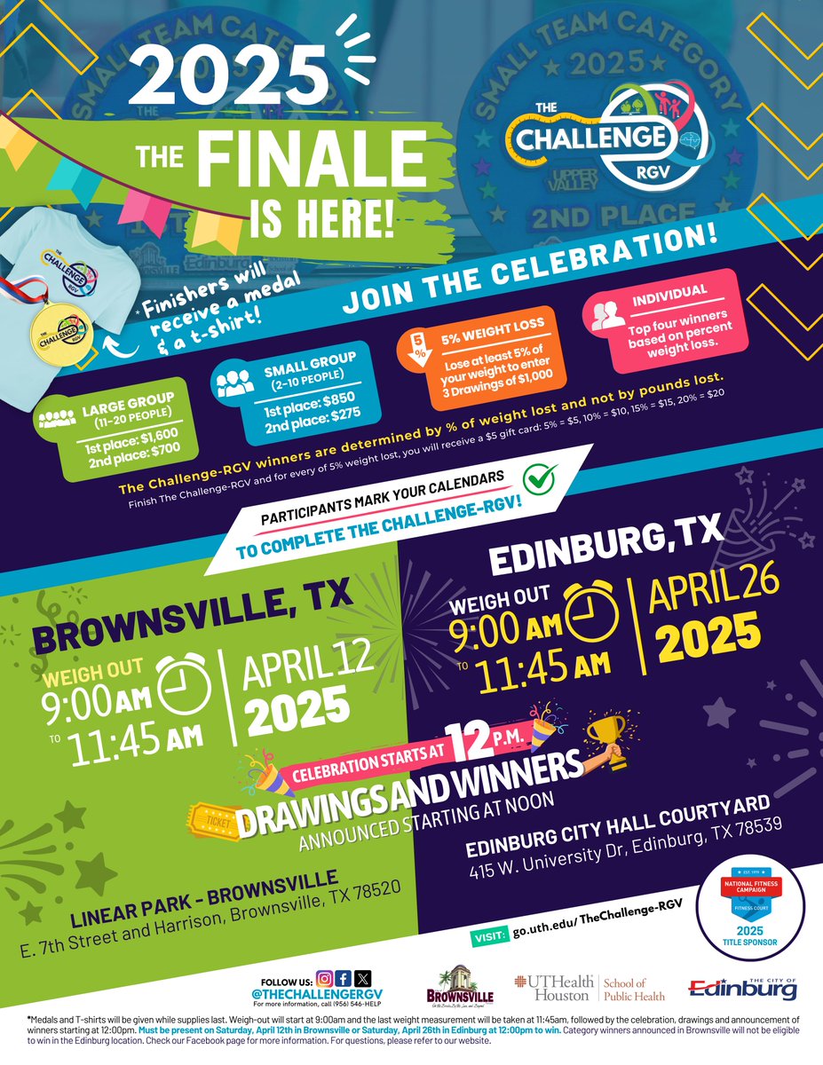 TheChallengeRGV's tweet photo. Join us for THE FINALE CELEBRATION!

*Finishers will receive a medal AND a t-shirt! 
(*While supplies last!)
Don't miss out on your chance to win during some of our drawings announced starting at 12pm. For Questions, please visit our website.   

Let’s celebrate! https://t.co/YULtkVGvkC