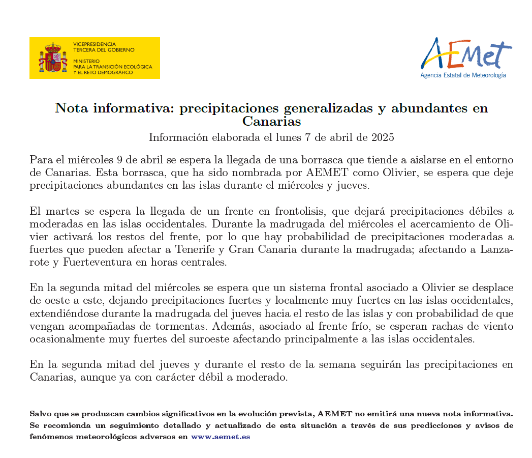 AEMET_Canarias's tweet photo. Nota informativa relativa al episodio de precipitaciones generalizadas de los próximos días.

Tengan precaución e infórmense a través de los canales oficiales. https://t.co/oTnmRGhFrw