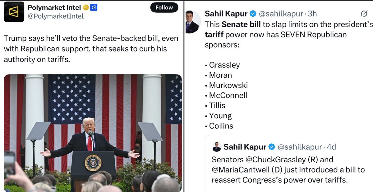 TheTNHoller's tweet image. UPDATE: With the market tanking, a bipartisan bill to let Congress restrict Trump’s tariffs powers now has SEVEN Republican co-sponsors. 

(@MarshaBlackburn &amp;amp; @SenatorHagerty not among them. It’s their crash too)

Trump says he’ll veto it. #OrangeMonday #Trumpcession
