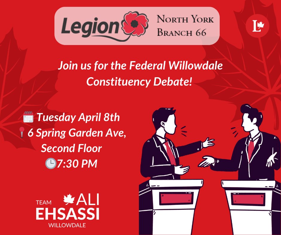🚨Willowdale come to a debate this week at the Royal Canadian Legion, and see us go head to head. Make sure to ask all the tough questions.

All are Invited!

🗓️ Tuesday April 8th
📍6 Spring Garden Ave, Second Floor
🕒7:30 PM
📧 stevenpd@rogers.com