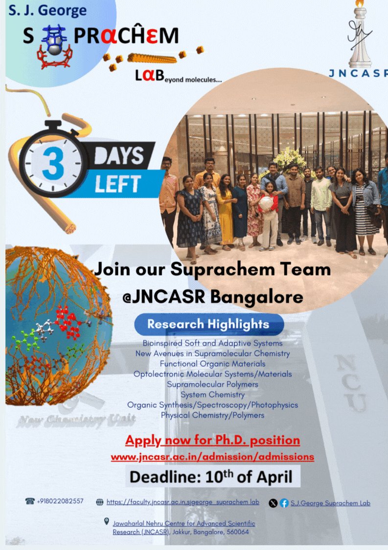 S. J. George's Suprachem Lab @ JNCASR (@georgelabjncasr) on Twitter photo 🚨 3 Days Left to Apply! 🚨
Apply now for a Ph.D. in Supramolecular Chemistry & Molecular Photophysics at <a href="/SubiJGeorge/">Subi George</a>’s SupraChem Lab!
Join cutting-edge research in molecular interactions. Admissions 2025 are open!
🔗 Details & Deadline: Check the poster
<a href="/jncasr/">JNCASR Bangalore</a> <a href="/NCU_JNCASR/">New Chemistry Unit</a> 🚨 3 Days Left to Apply! 🚨
Apply now for a Ph.D. in Supramolecular Chemistry & Molecular Photophysics at <a href="/SubiJGeorge/">Subi George</a>’s SupraChem Lab!
Join cutting-edge research in molecular interactions. Admissions 2025 are open!
🔗 Details & Deadline: Check the poster
<a href="/jncasr/">JNCASR Bangalore</a> <a href="/NCU_JNCASR/">New Chemistry Unit</a>