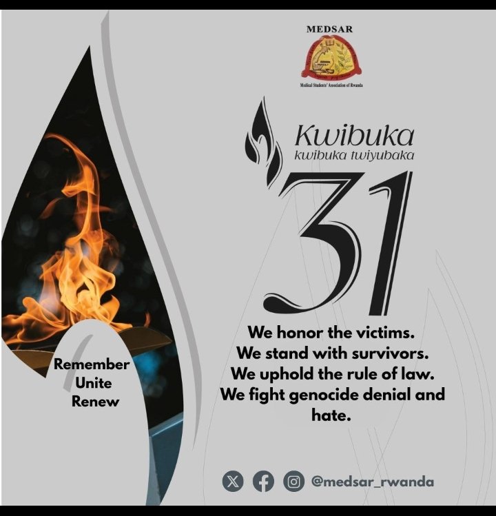 Kwibuka 31
Turibuka abazize Jenoside yakorewe Abatutsi mu 1994.
Duharanira ukuri, ubutabera, no kurwanya ingengabitekerezo ya Jenoside.
#Kwibuka31 #MEDSAR
Remember. Unite. Renew