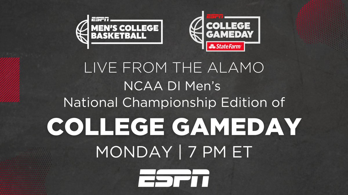 ESPN PR (@espnpr) on Twitter photo Monday, before the ball tips off for the '25 #NCAAMBB Natl. Champ- catch the final <a href="/CollegeGameDay/">College GameDay</a> of the season
๐ Live from San Antonio
๐ <a href="/ReceDavis/">Rece Davis</a> sits down with <a href="/GatorsMBK/">Florida Gators Menโs Basketball</a>'s HC Todd Golden & <a href="/UHCougarMBK/">Houston Men's Hoops ๐ ๐พ</a>'s <a href="/CoachSampsonUH/">Coach Kelvin Sampson</a>
๐ Hakeem Olajuwon joins the set
๐ 7p ET | ESPN Monday, before the ball tips off for the '25 #NCAAMBB Natl. Champ- catch the final <a href="/CollegeGameDay/">College GameDay</a> of the season
๐ Live from San Antonio
๐ <a href="/ReceDavis/">Rece Davis</a> sits down with <a href="/GatorsMBK/">Florida Gators Menโs Basketball</a>'s HC Todd Golden & <a href="/UHCougarMBK/">Houston Men's Hoops ๐ ๐พ</a>'s <a href="/CoachSampsonUH/">Coach Kelvin Sampson</a>
๐ Hakeem Olajuwon joins the set
๐ 7p ET | ESPN