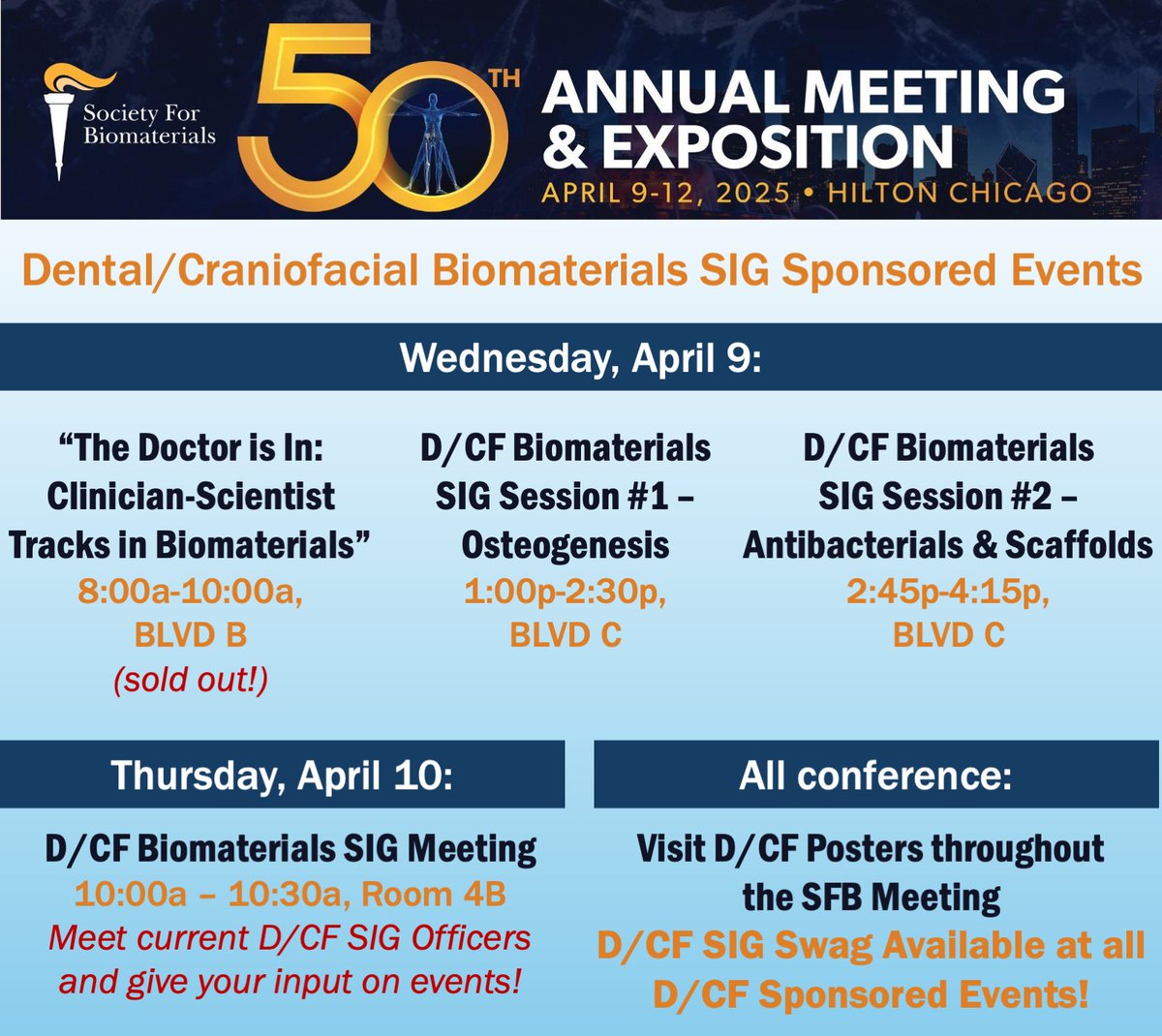 Daniel Harrington (@harringdan) on Twitter photo The 2025 <a href="/SFBiomaterials/">SFBiomaterials</a> Annual Meeting is almost here!
Here's your quick guide to D/CF SIG-sponsored events for the meeting. Join us during Thurs morning's break to meet current officers and discuss future SIG events. There's a space for YOU in SIG leadership! See you there! The 2025 <a href="/SFBiomaterials/">SFBiomaterials</a> Annual Meeting is almost here!
Here's your quick guide to D/CF SIG-sponsored events for the meeting. Join us during Thurs morning's break to meet current officers and discuss future SIG events. There's a space for YOU in SIG leadership! See you there!