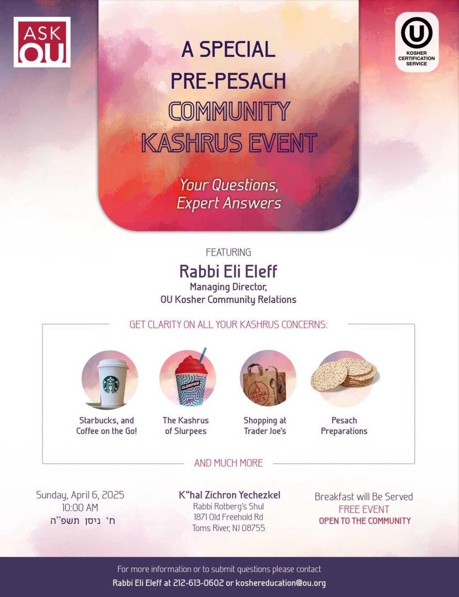 ❓ Do you have Pesach kashrut questions? Get expert answers! ❓

Join Rabbi Eli Eleff, Managing Director, OU Kosher Community Relations, for a special Pre-Pesach Community Kashrut Event, covering:
☕ Starbucks &amp; coffee on the go
🥤 The kashrut of Slurpees
🛍 Shopping at Trader